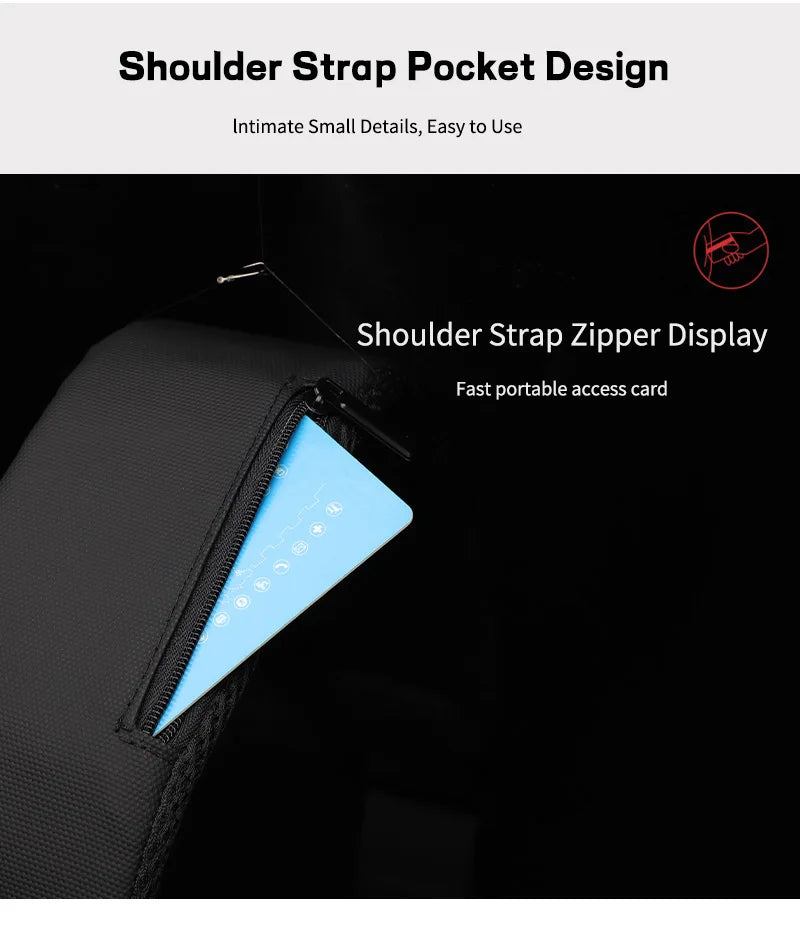 Black sling bag shoulder strap with a handy zippered pocket, showing a card being inserted for quick, easy access.