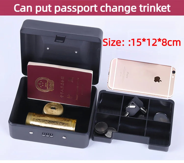 Small black metal lock box with combination lock, removable coin tray, and interior storage for valuables.