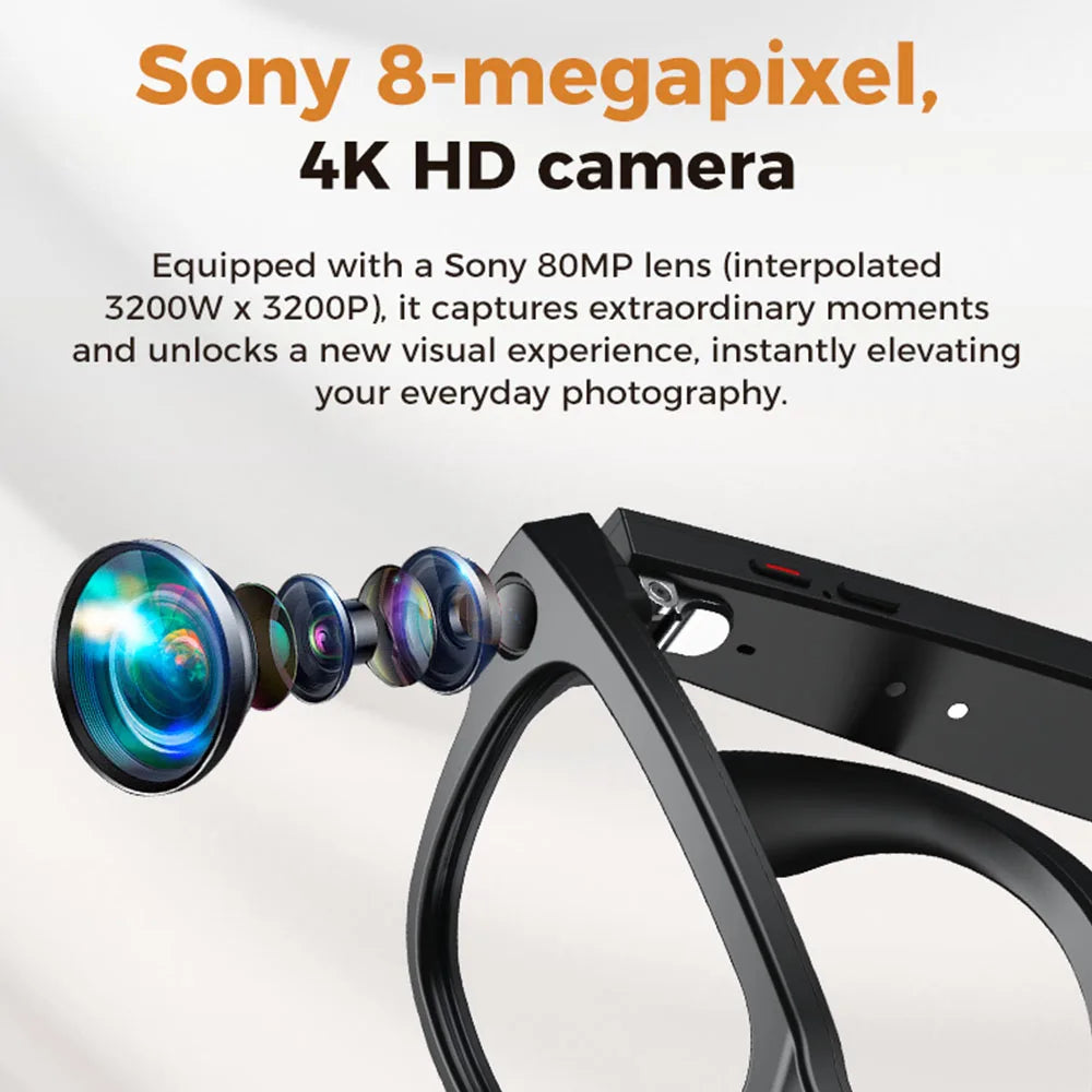 Black smart glasses with a built-in 4K HD camera lens, featuring a sleek, modern frame design.