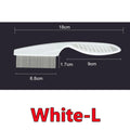 White nit comb with fine metal teeth and a white plastic handle, featuring technical dimensions labeled on image.