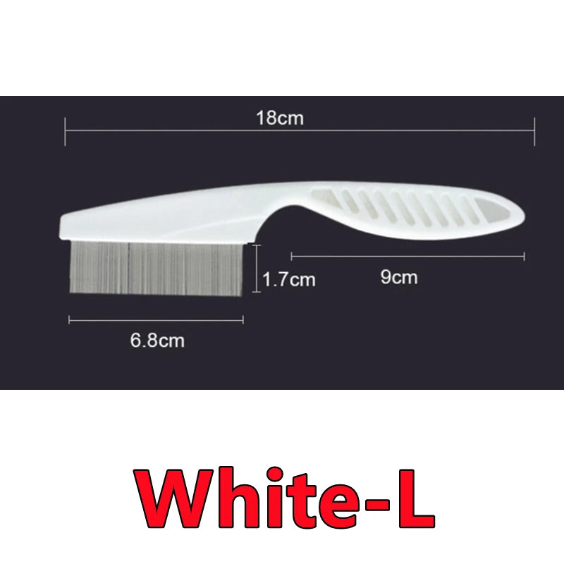 White nit comb with fine metal teeth and a white plastic handle, featuring technical dimensions labeled on image.