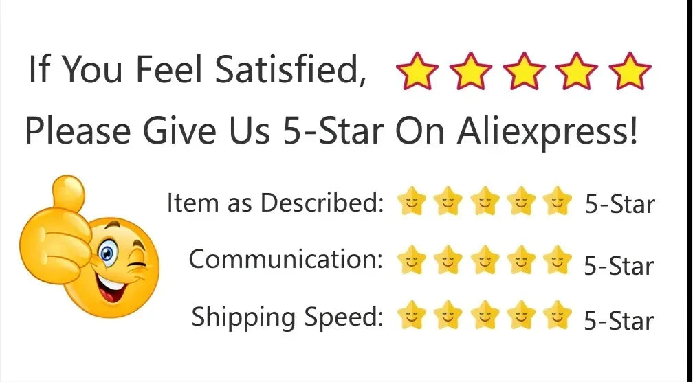 A five-star rating review graphic featuring a smiling emoji giving a thumbs-up.