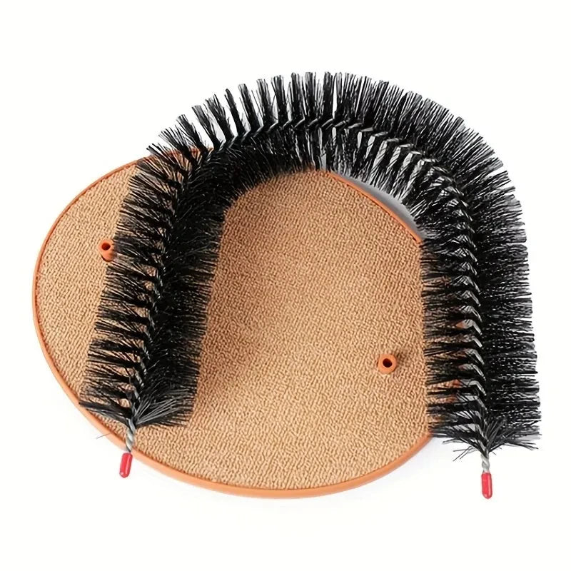 Cat self-grooming arch featuring a black bristle brush on a round, tan-coloured textured scratching pad.
