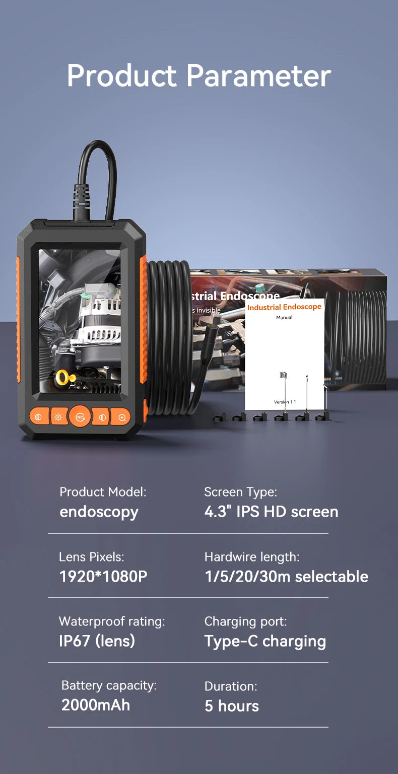 Black and orange handheld industrial inspection camera with 4.3-inch HD screen, flexible cable, and manual.