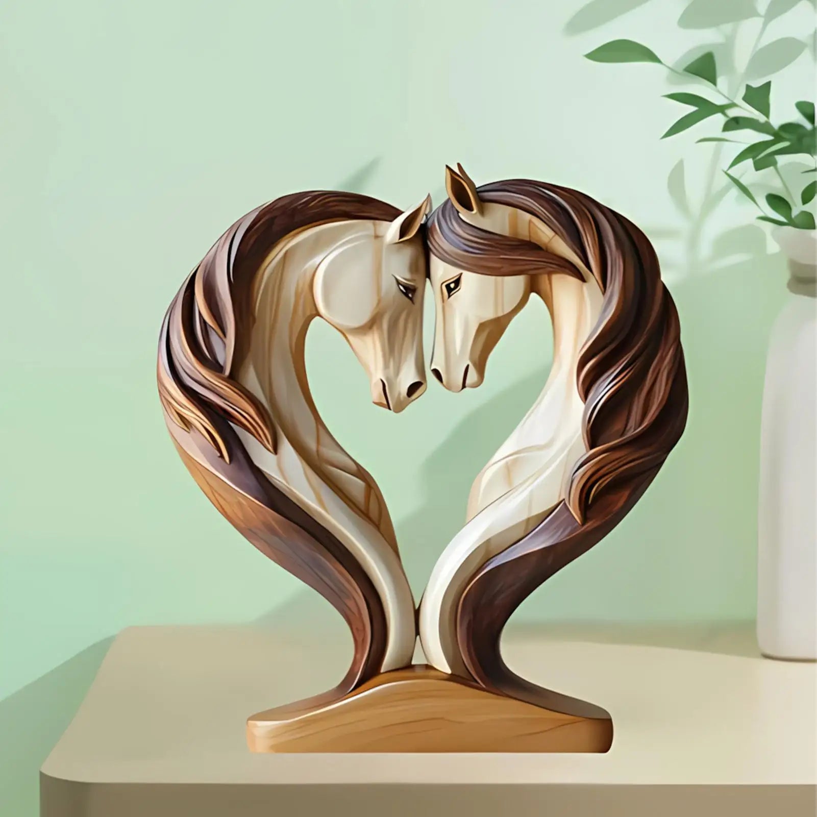 Elegant wooden sculpture of two horses facing each other, forming a heart shape with their necks in a smooth finish.