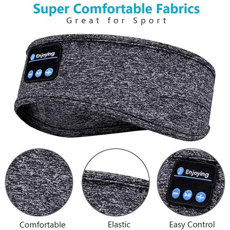 Grey heathered wireless music headband with built-in Bluetooth control panel, featuring elastic fabric for comfort.