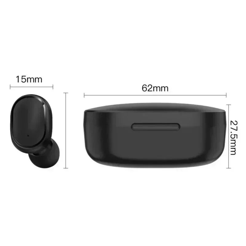 Black wireless earbuds and a compact rectangular charging case with measurement labels shown on a white background.