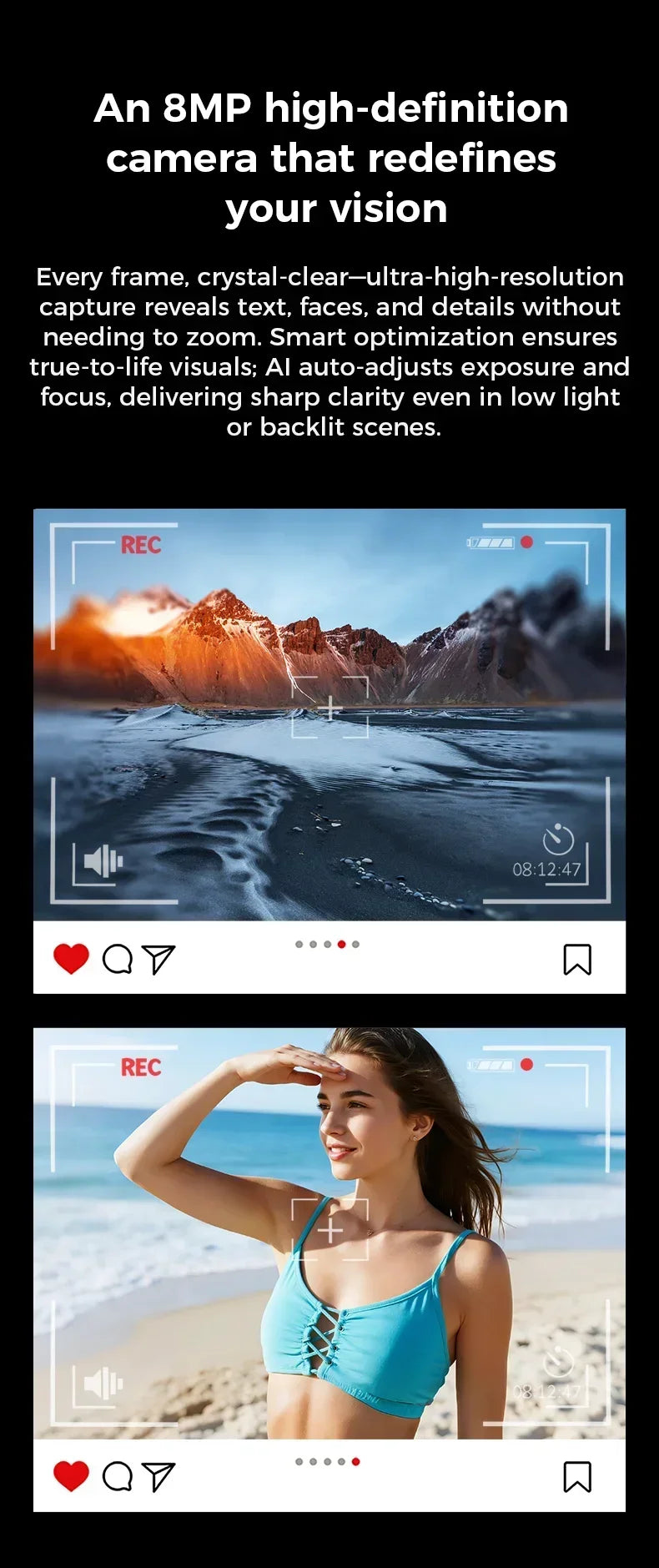 Smart AI glasses with an 8MP HD camera, capturing high-resolution photos of a mountain landscape and a person on a beach.