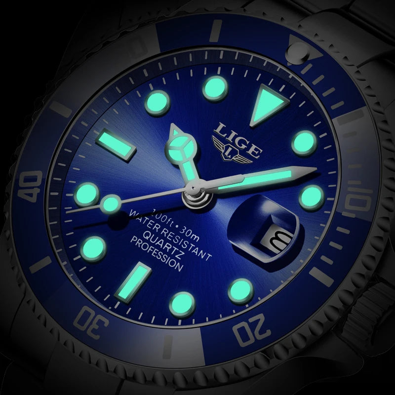 Men’s stainless steel quartz watch with a sunburst blue dial, luminescent markers, and a date display.