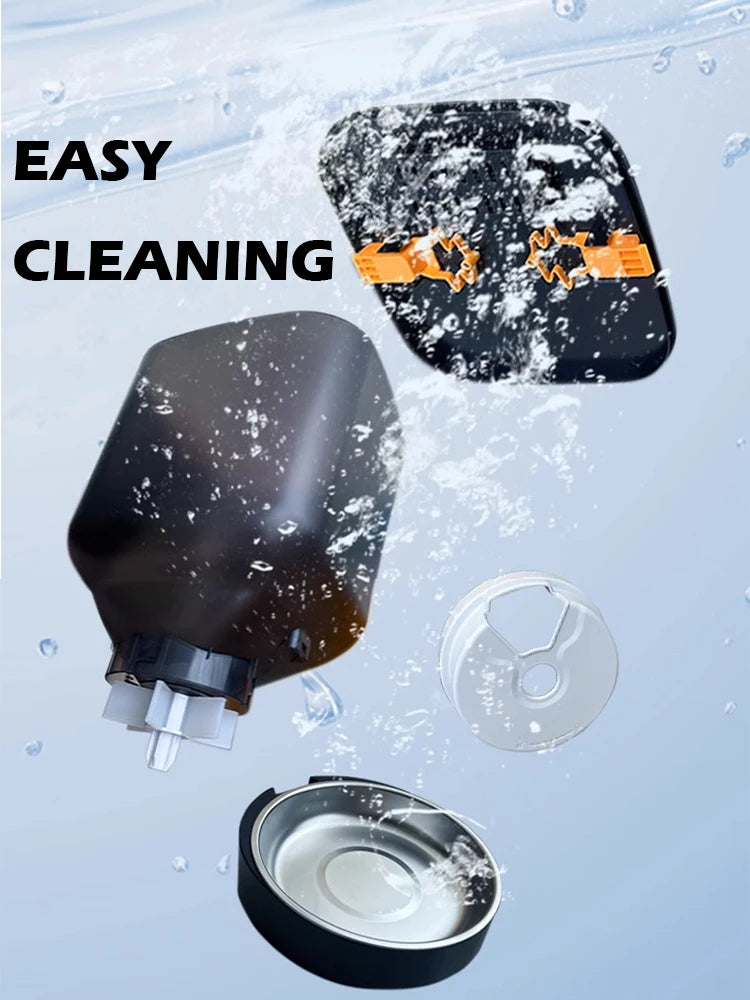 Disassembled black pet water fountain components shown floating in water. Modern, sleek design with easy-clean parts.