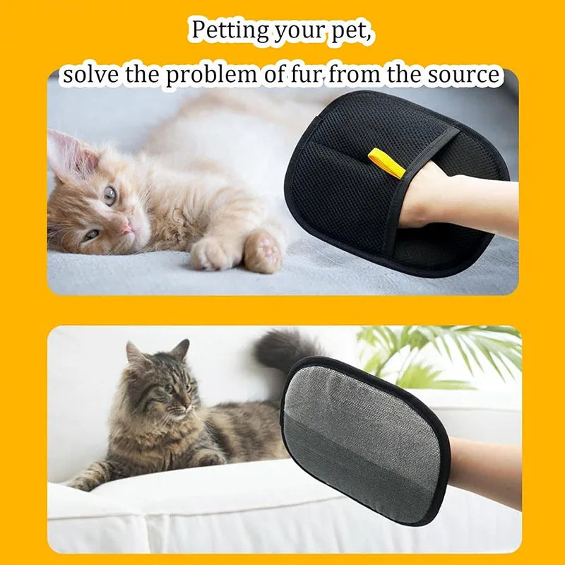 A black and grey pet grooming mitt being used to stroke a cat, shown against a yellow background.