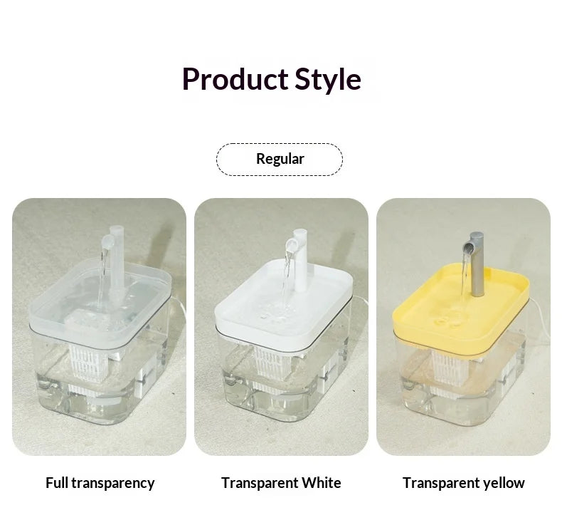 Three automatic pet water fountains with internal filters, available in transparent, white, or yellow designs.