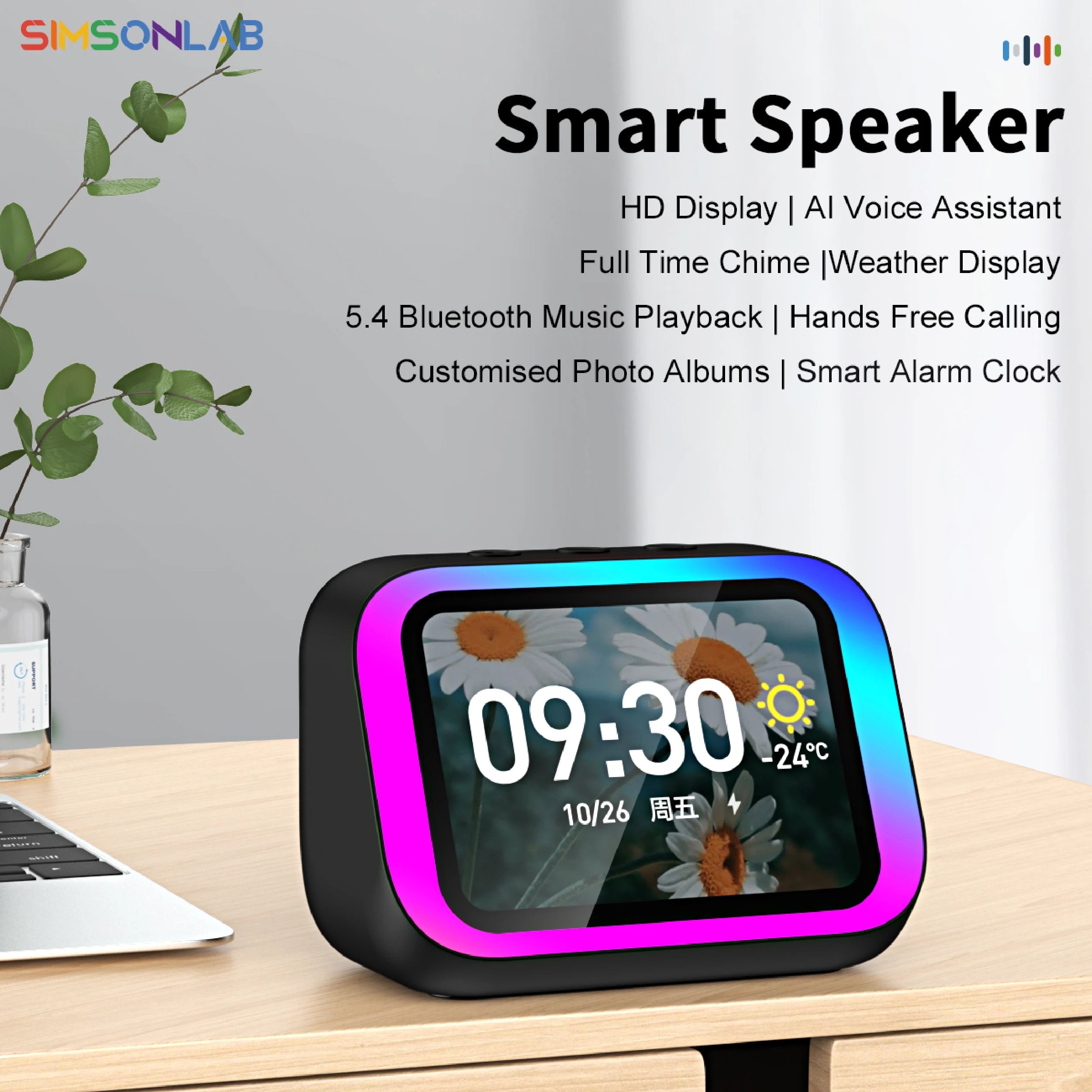 Black multifunctional smart speaker with a vibrant colour-changing LED border and a digital display showing time and date.