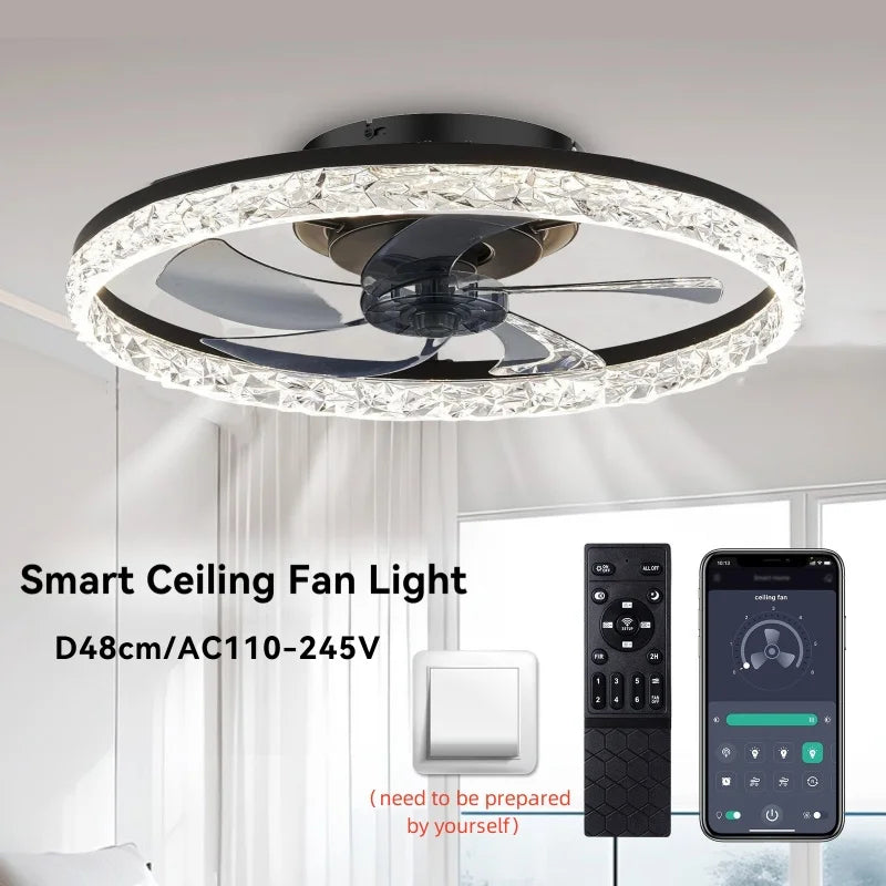 Modern black 18.9-inch LED ceiling fan with a crystal-effect ring light, remote control and smartphone app.