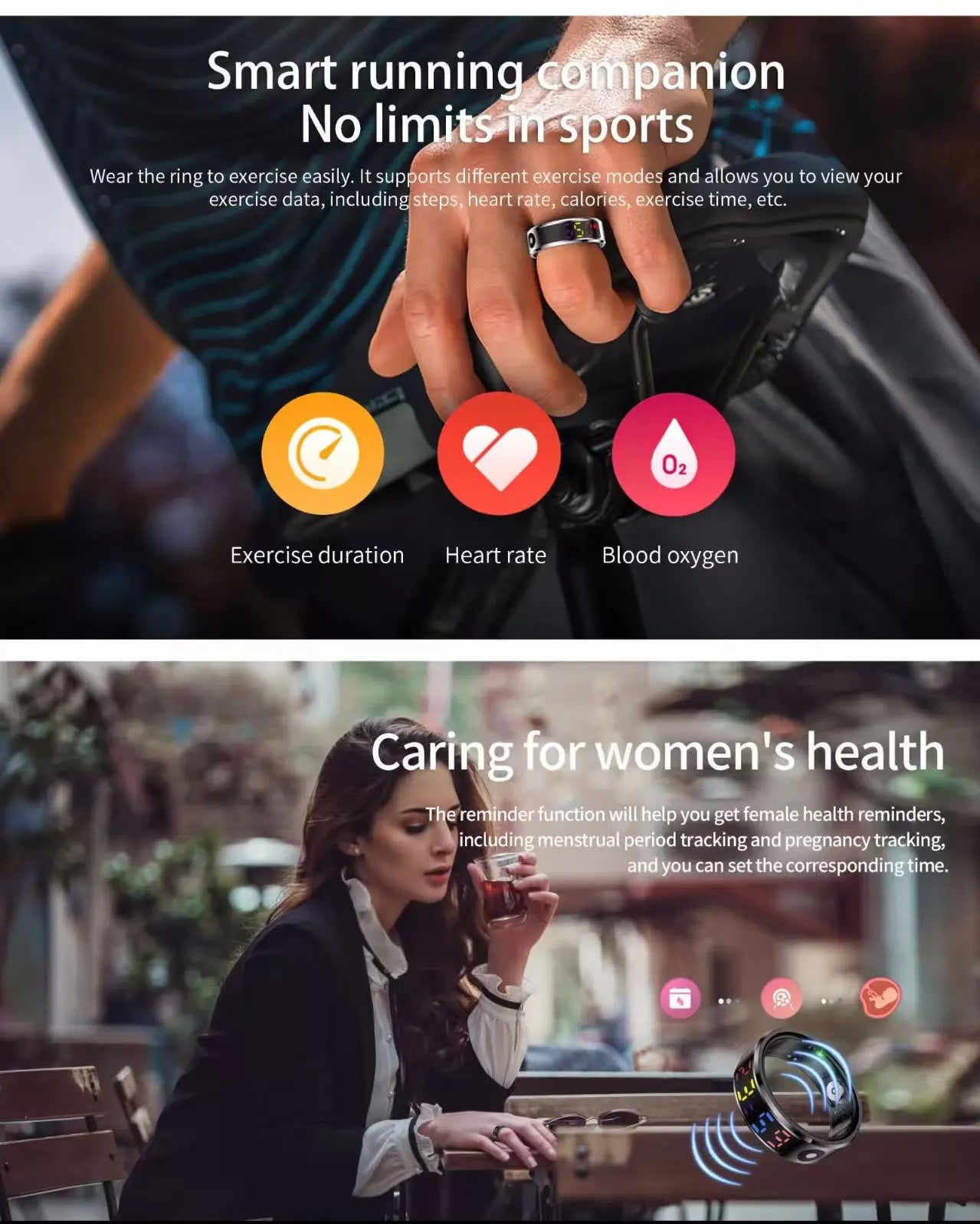 Sleek black smart ring with digital display, tracking heart rate, blood oxygen, exercise, and women’s health data.