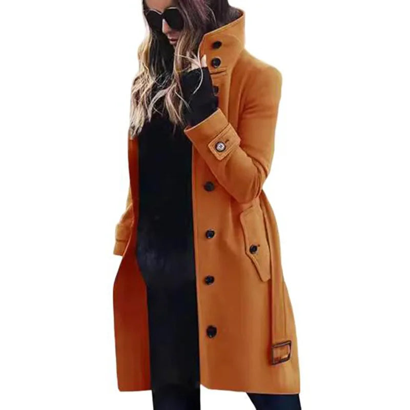 Mustard yellow long coat with a high collar, button-front closure, tab cuffs, and side pockets.