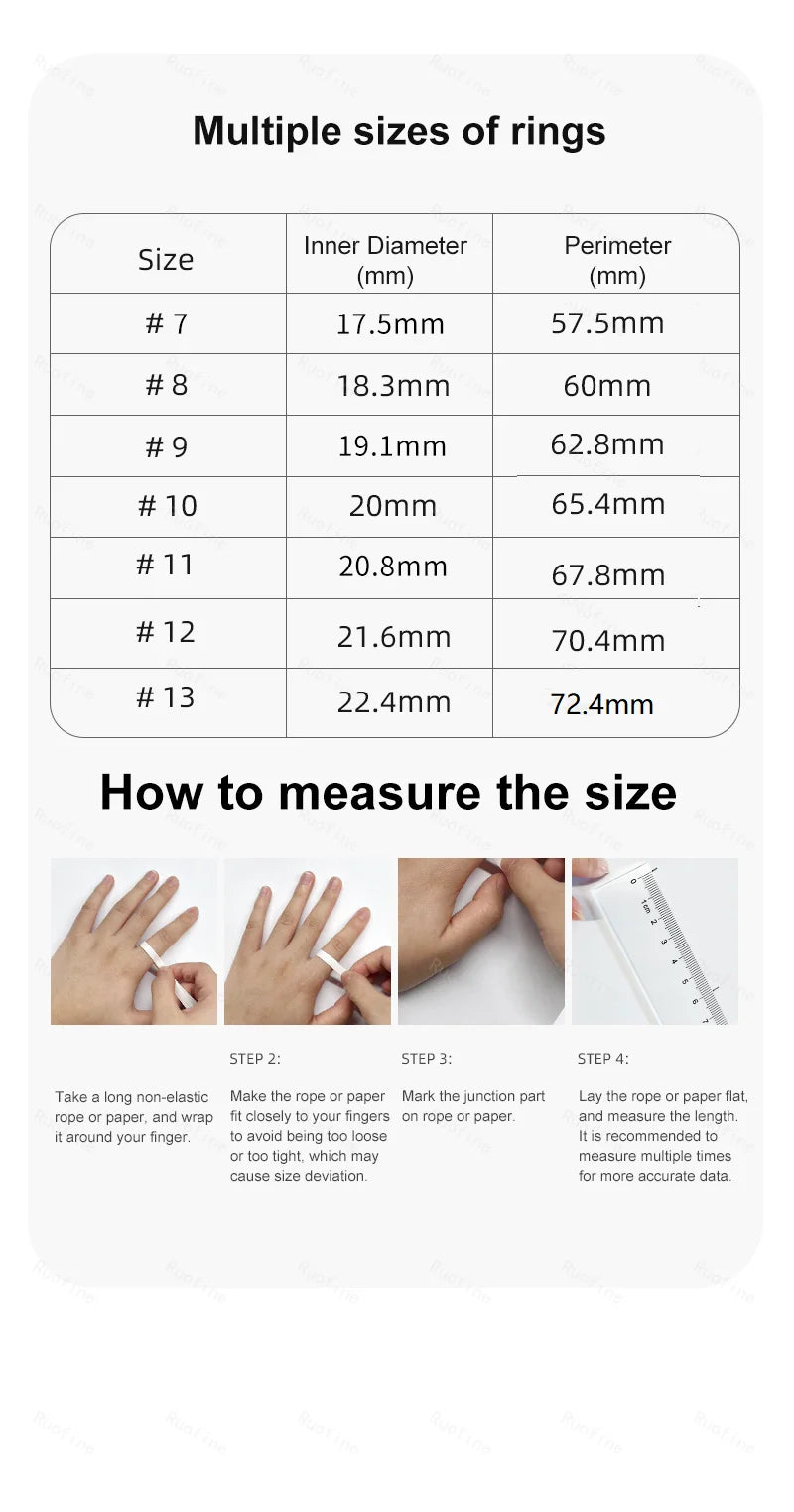 Size guide for the health tracking ring, showing a conversion table and step-by-step instructions for finger sizing.