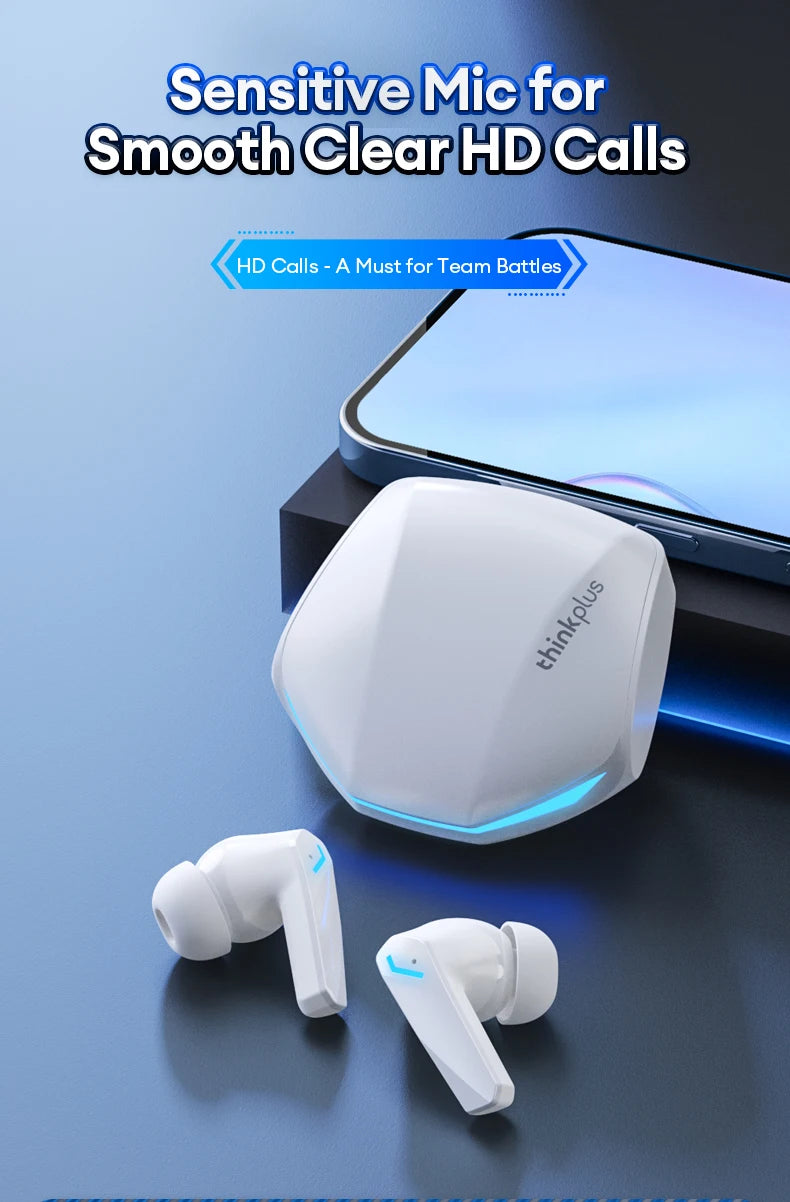 White, angular wireless earbuds and charging case with blue LED accents, shown against a blue background with a phone.