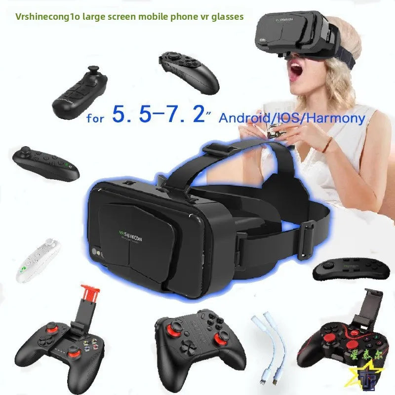 Black smartphone VR headset with adjustable head straps and various wireless gaming controllers.