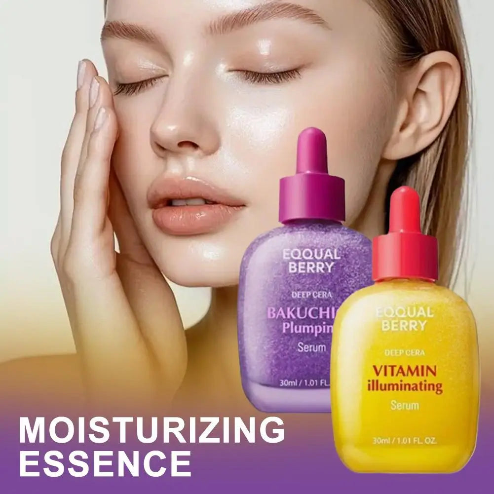 Woman with glowing skin next to a purple plumping serum and a yellow illuminating serum in dropper bottles.