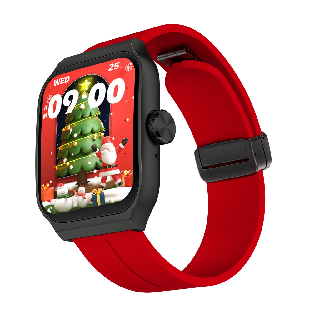 Smart watch with a black casing, vibrant red strap, and a 2.01-inch curved screen displaying a Christmas watch face.