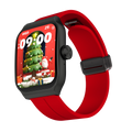 Smart watch with a black casing, vibrant red strap, and a 2.01-inch curved screen displaying a Christmas watch face.