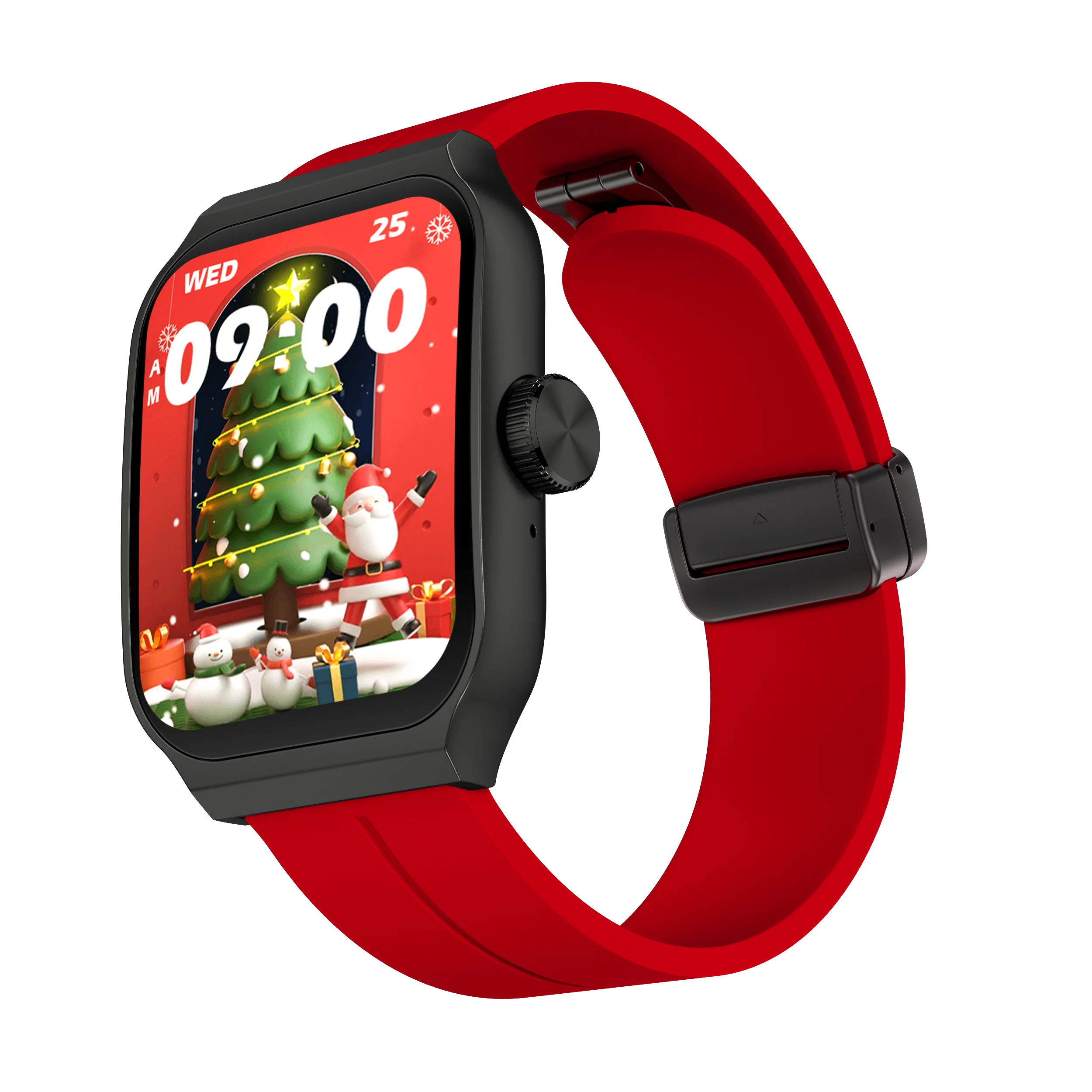 Smart watch with a black casing, vibrant red strap, and a 2.01-inch curved screen displaying a Christmas watch face.