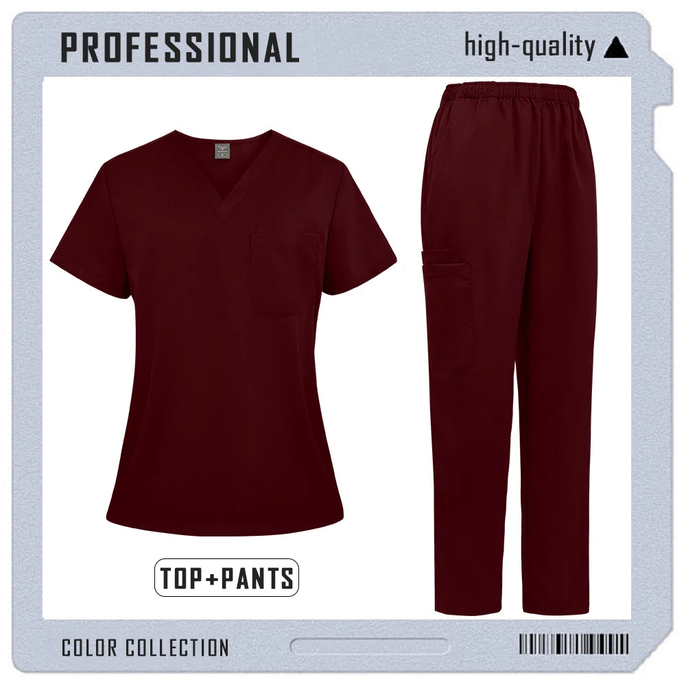 Unisex burgundy scrub set: a short-sleeved V-neck top with a chest pocket and matching trousers with side pockets.