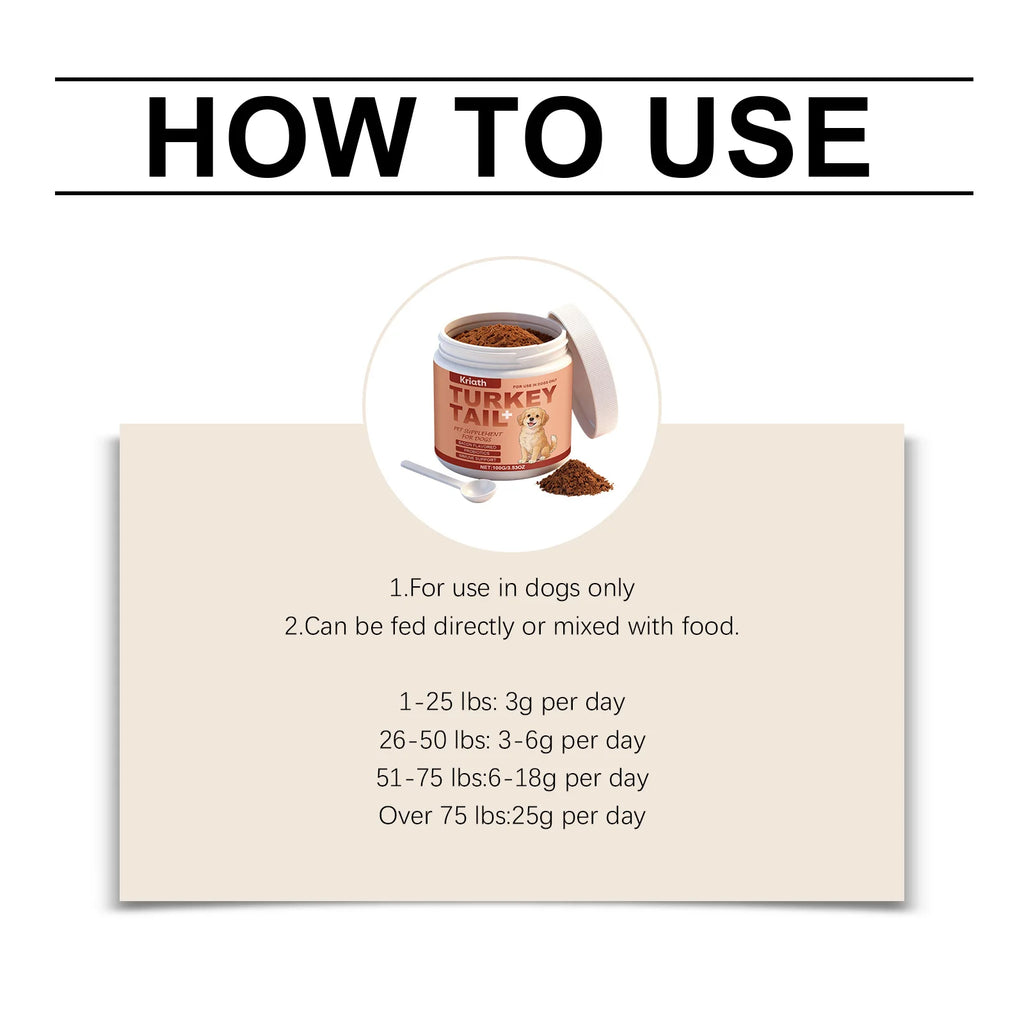 Turkey Tail dog supplement powder in a white jar with a dosing scoop and feeding dosage chart.
