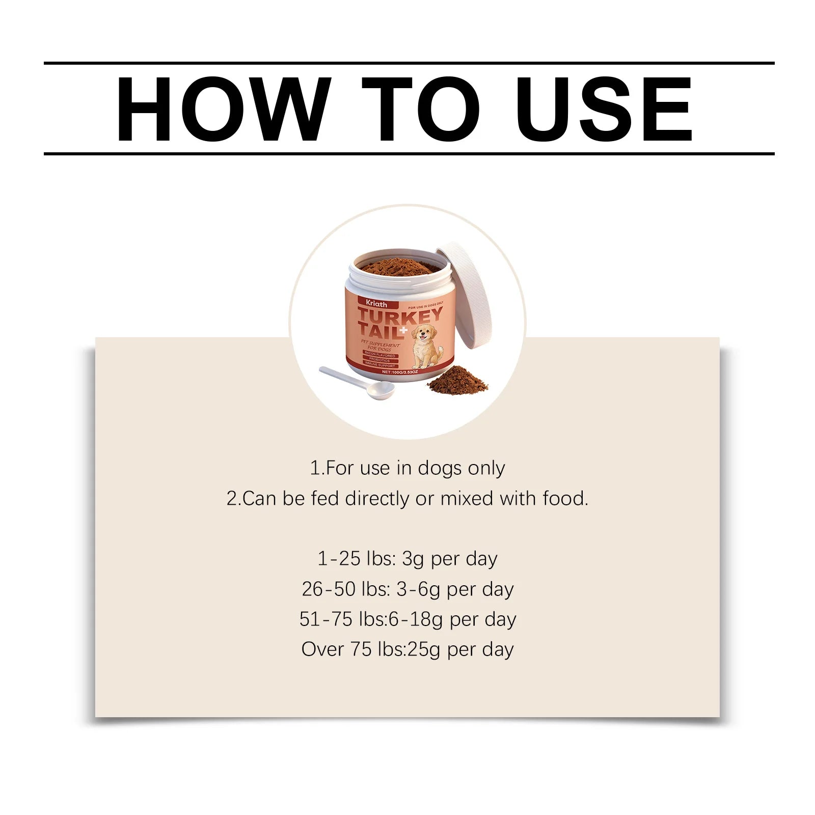 Turkey Tail dog supplement powder in a white jar with a dosing scoop and feeding dosage chart.