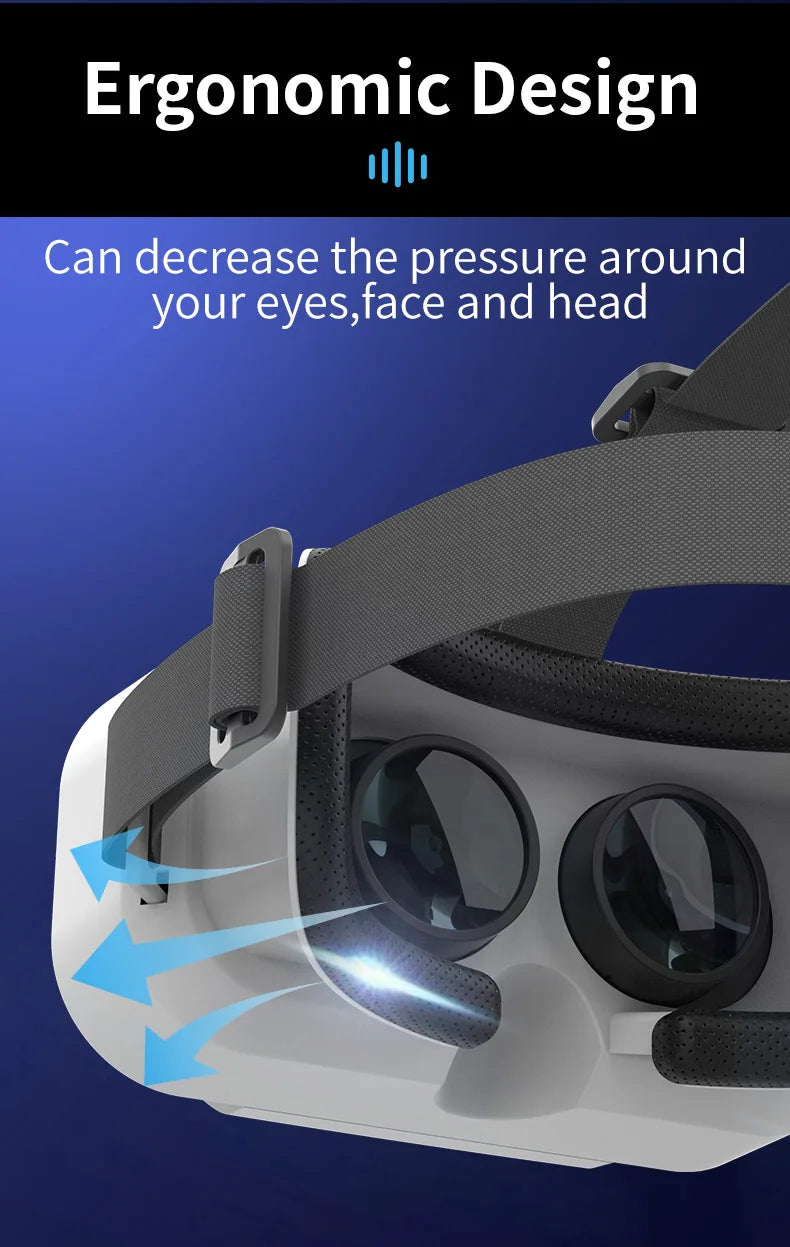 White VR headset with grey adjustable head straps and cushioned face padding for an ergonomic, comfortable fit.