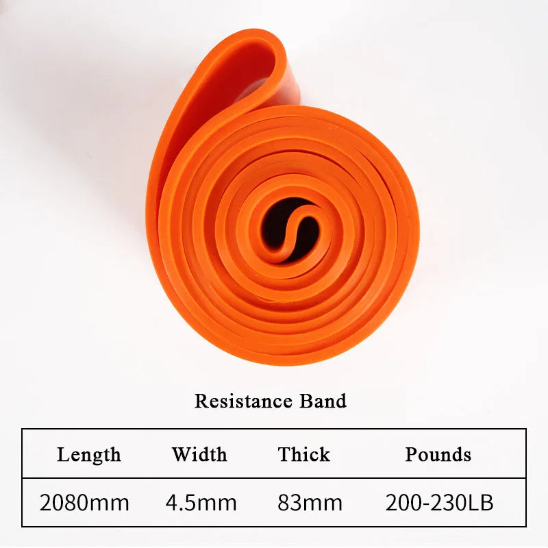 Orange rubber resistance band coiled on a white background, with a specification table showing 200-230LB resistance.