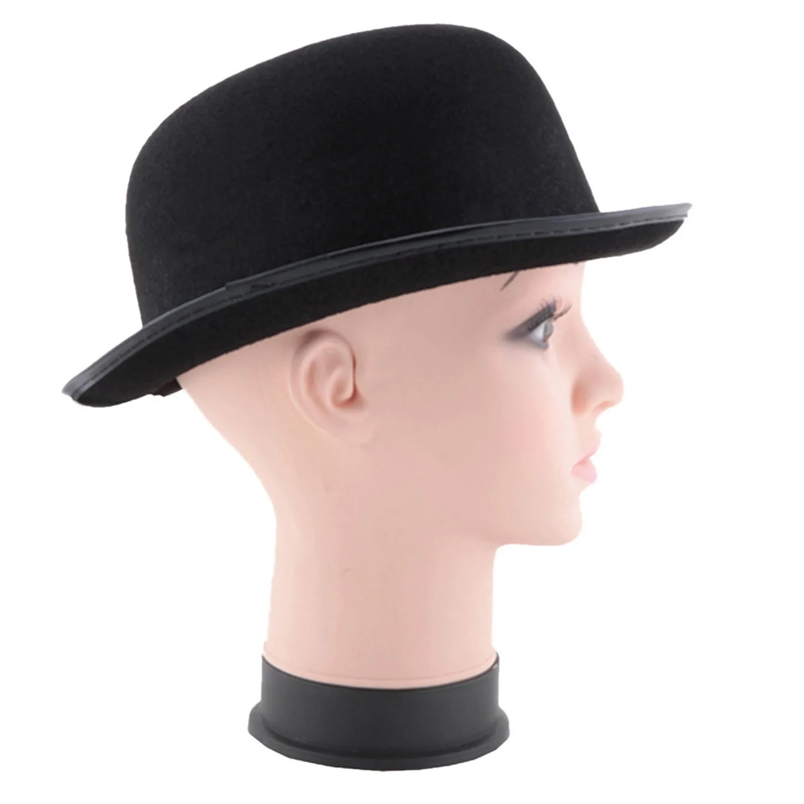 Classic black felt bowler hat on a mannequin head, showing a rounded crown and a short, curved brim.