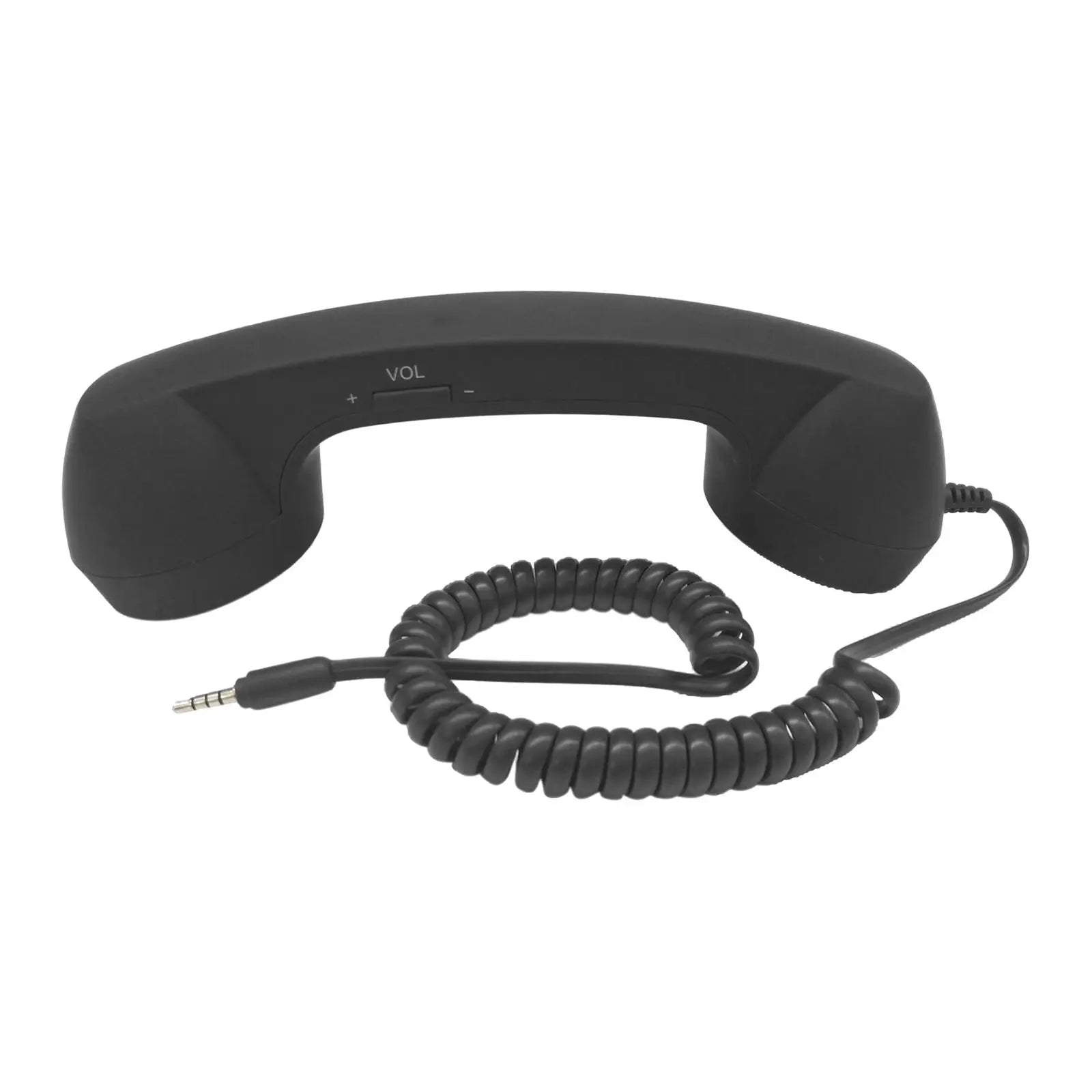 Black retro-style telephone handset with a coiled cord, volume buttons, and a 3.5mm jack plug.