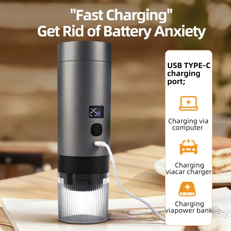 Gray portable espresso maker with digital display, charging via USB-C cable.