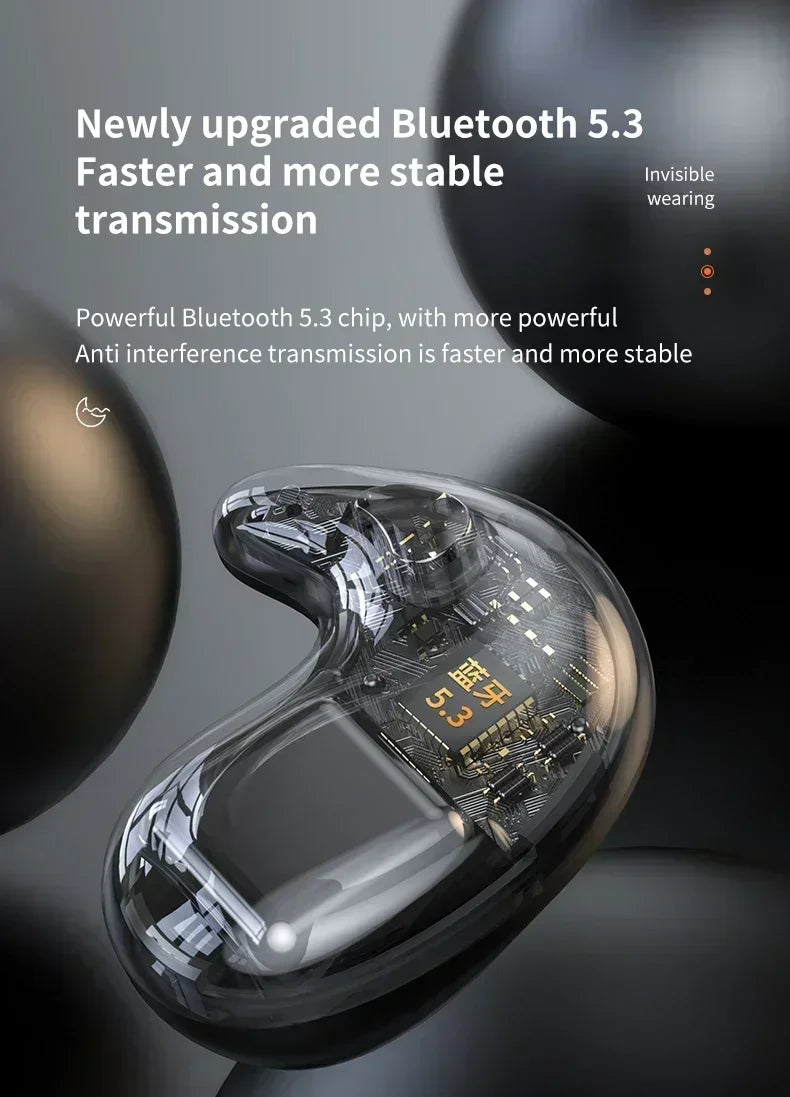 Transparent black Bluetooth 5.3 earbud with visible internal circuitry, sleek modern design.