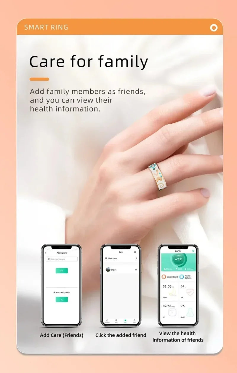 A person wearing a patterned, elegant smart fitness ring, alongside a mobile app display for tracking family health.