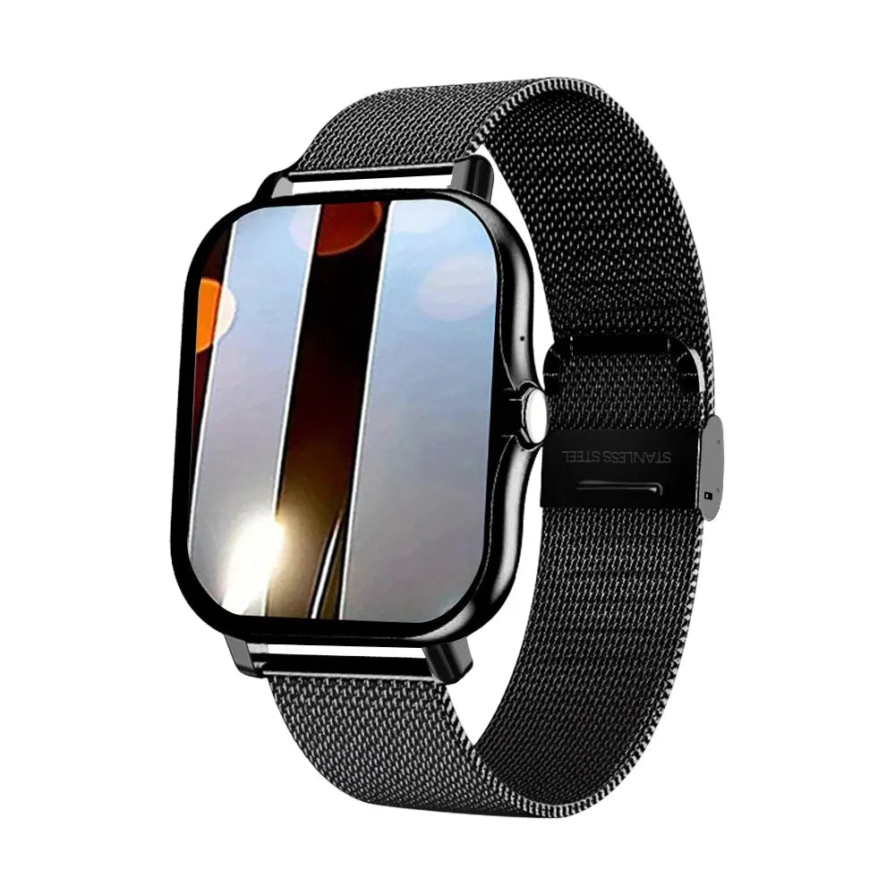 Black smartwatch with a square touchscreen and a sleek, adjustable stainless steel mesh strap.