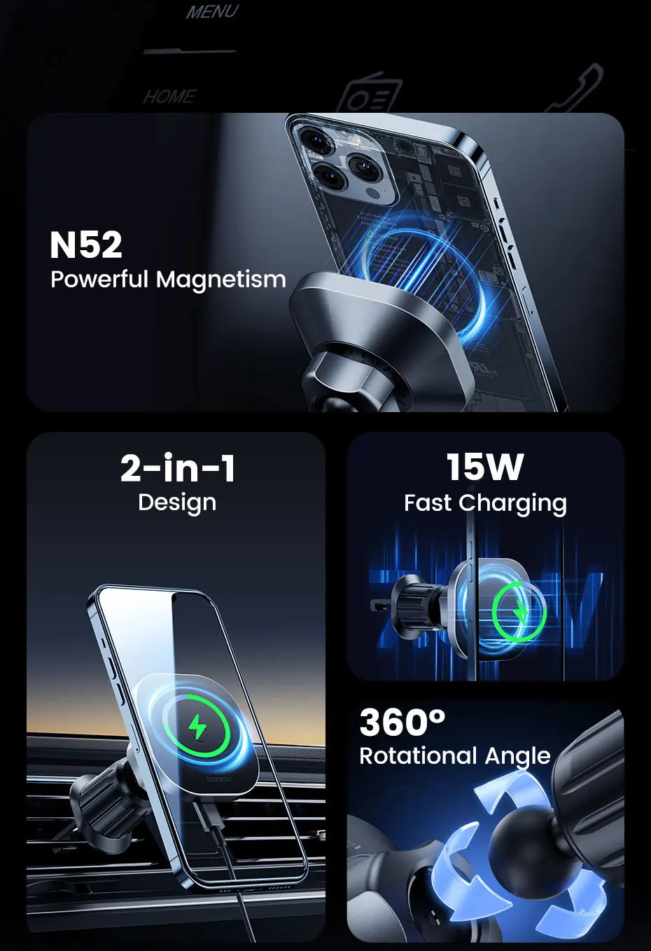 Magnetic car phone mount with 15W wireless charging, rotating 360-degree ball joint, and sleek metallic grey design.