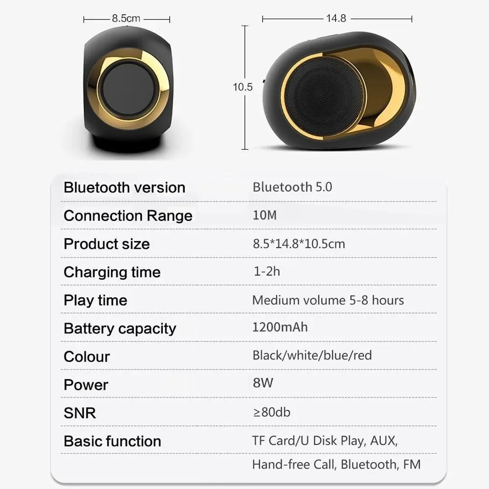 Compact black and gold portable Bluetooth speaker, shown with dimensions and technical specifications table.