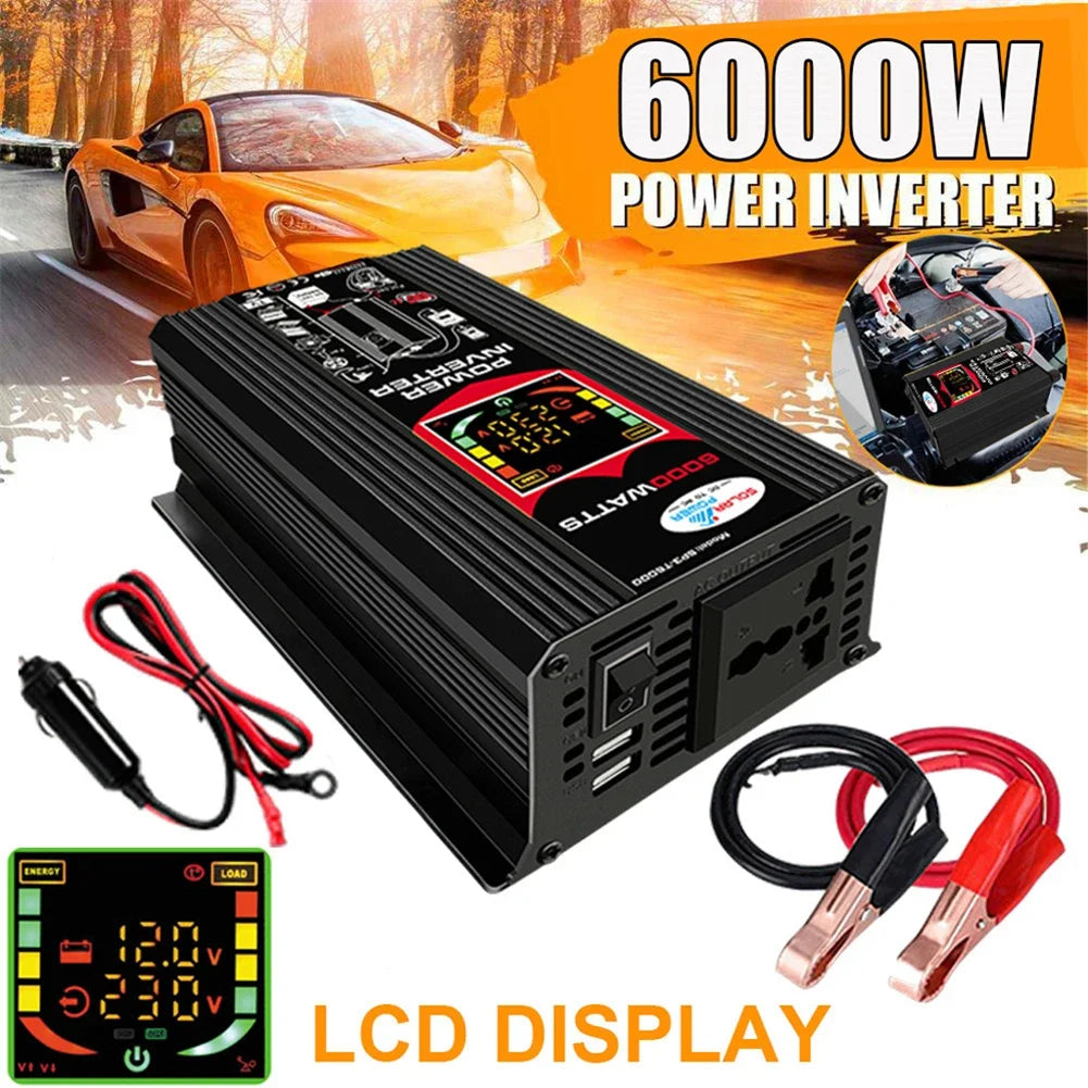 Black 6000W car power inverter with LCD display, dual USB ports, power socket, and battery connection cables.