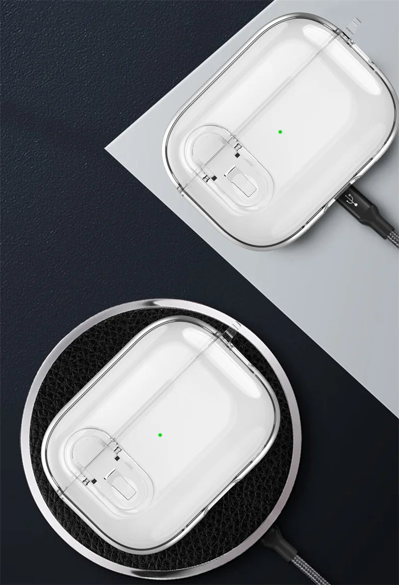 Clear, transparent hard shell case for AirPods Pro, featuring a latch closure and charging port accessibility.