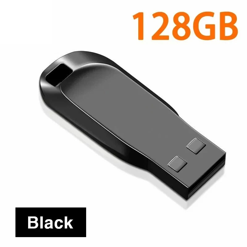 Sleek black portable USB flash drive with a keyring loop. Text shows "128GB" capacity.