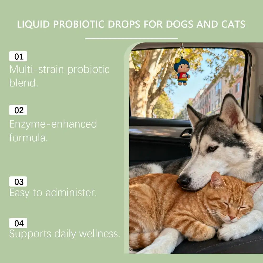 Liquid probiotic drops for dogs and cats. Infographic features a husky and ginger cat with health benefit list.