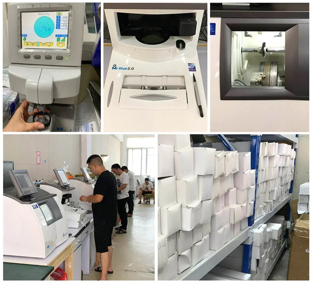 Collage of manufacturing factory showing optical lens cutting equipment, workers, and stacked white product boxes.