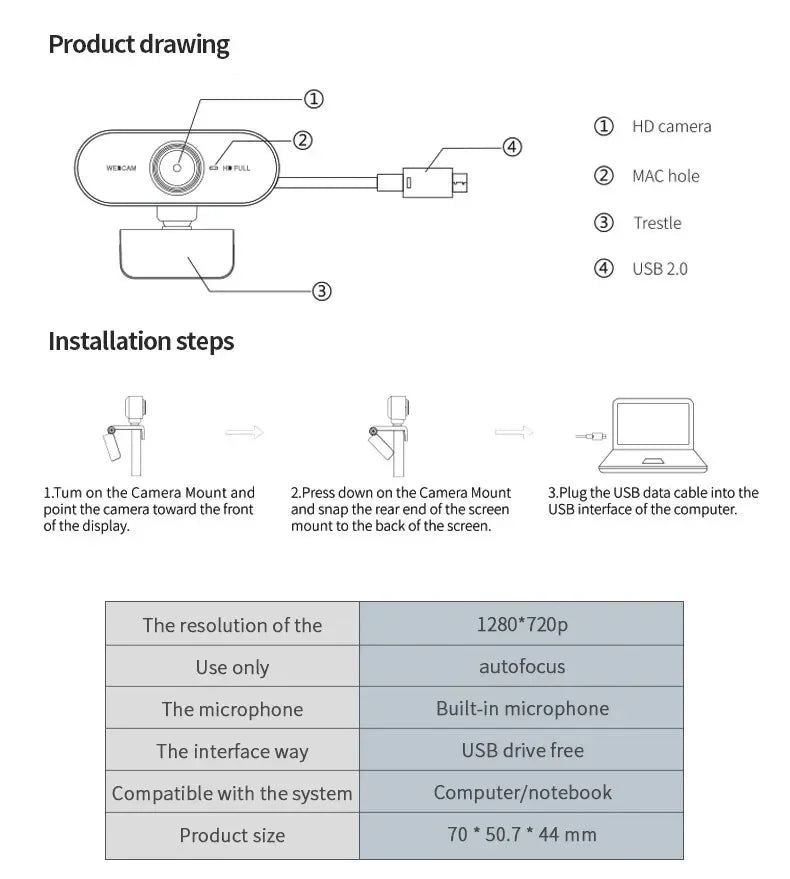 Diagram of a black USB webcam showing product parts, installation steps, and technical specifications table.