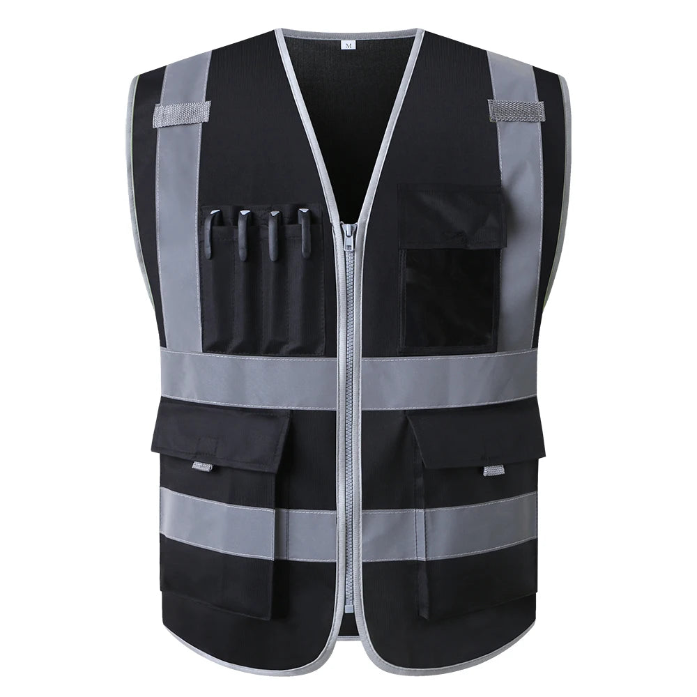 Black multi-pocket safety work vest with reflective grey strips, zip front, and various utility storage compartments.