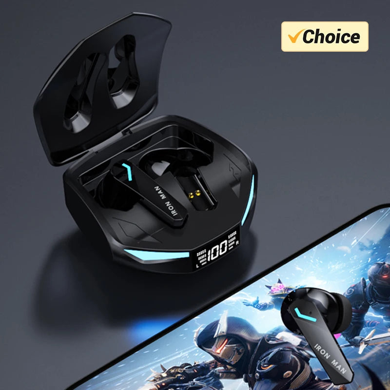Black wireless gaming earbuds in a charging case with a digital battery display and blue LED accents.