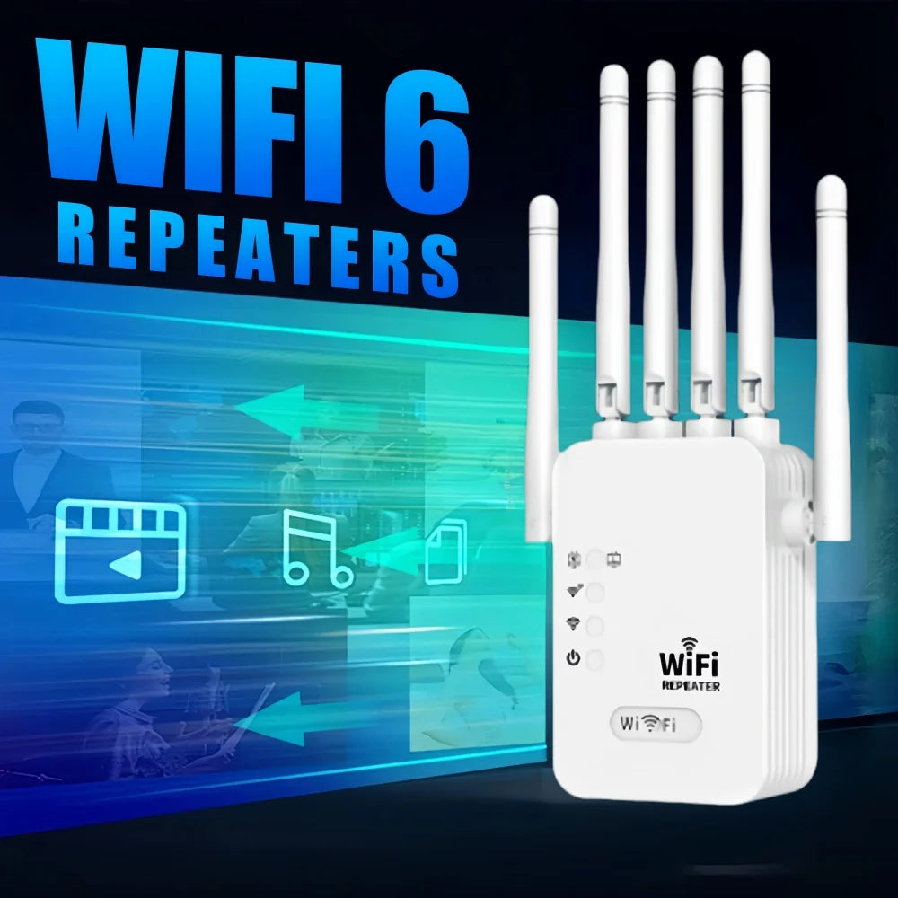 White 1200Mbps WiFi 6 repeater with five external antennas and status indicator lights on a blue digital background.