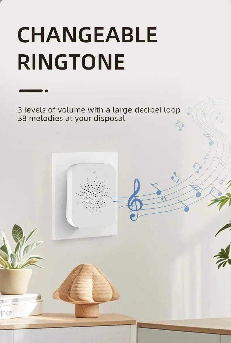 A white wireless doorbell chime mounted on a wall, showing musical notes to highlight 38 selectable melodies.